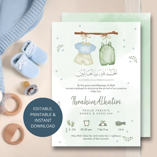 Anúncio Whimsical Sage Green Islamic Baby Boy Birth (Criador carregado)