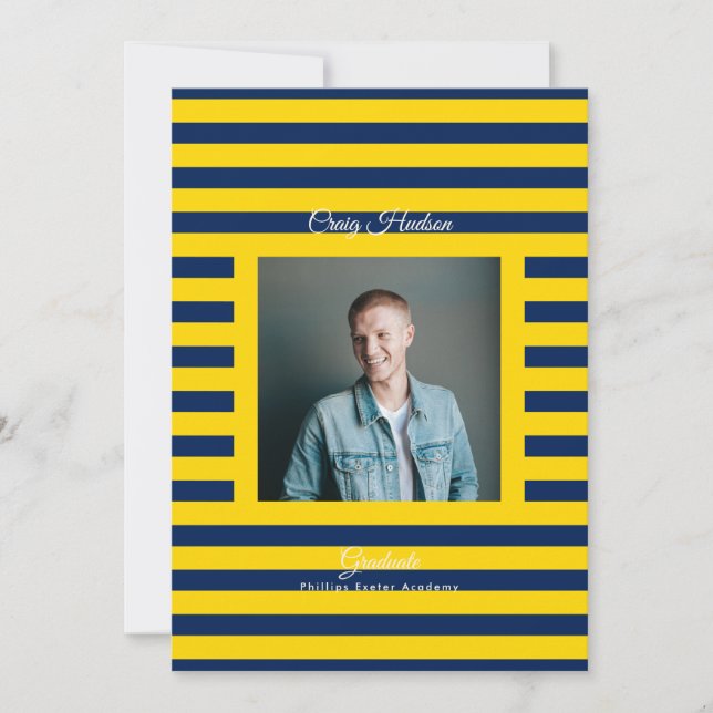 Anúncio Yellow Blue Preppy High School Photo Grad Cards (Frente)