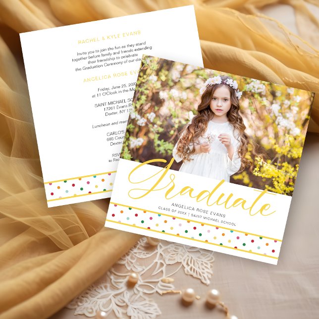 Anúncio Yellow Polka Dots Funny Graduate Photo Graduation  (Yellow Polka Dots Funny Graduate Photo Graduation Invitation Card.)