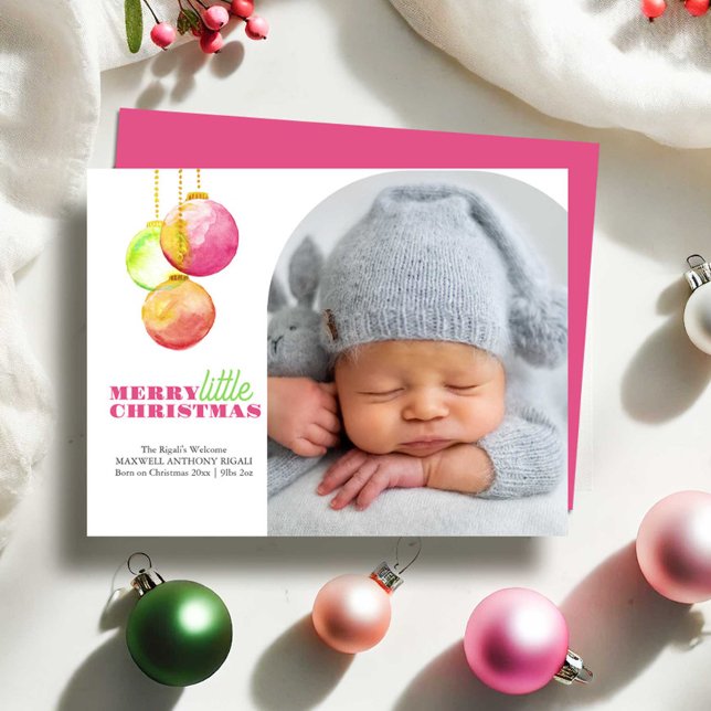Anúncios de Foto de Natal de feliz (Christmas birth announcements  with photo features watercolor bauble art by Victoria Grigaliunas)