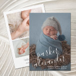 Anúncios de Nascimento Moderno da Foto do Bebê<br><div class="desc">Os anúncios de nascimento elegantemente doces apresentam sua foto favorita de recém-nascido em hemorragia de cheio,  com o nome do bebê em uma escrita branca inclinada e as estatísticas de natalidade na frente com 3 fotos e seus nomes nas costas. CORRESPONDENDO a itens na nossa loja.</div>