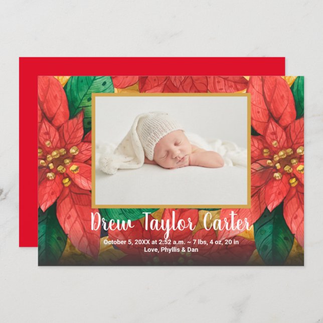 Anúncios de Natal em Poinsettias Baby Photo Birth (Frente/Verso)