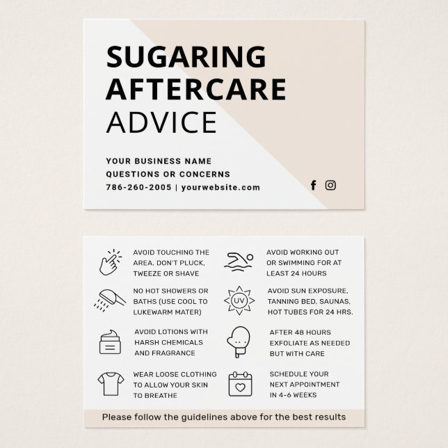 Any Color Sugaring Hair Removal Aftercare Card  (Frente & Verso)