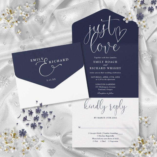 Apenas Ame O Elegante Marinho Blue Weding (Just Love Elegant Script Navy Blue Wedding All In One Invitation)