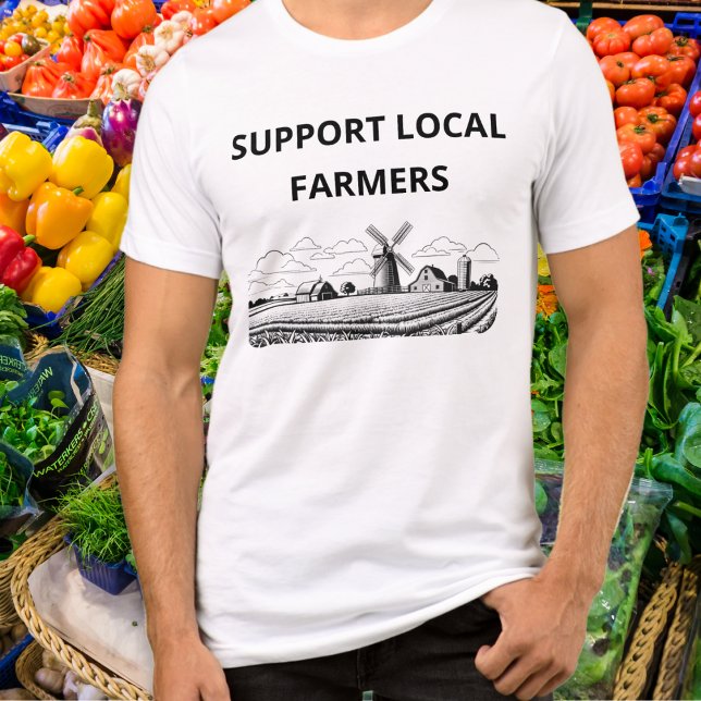Apoiar Os Agricultores Locais Que Arrancam Aquicul (A t-shirt with 'Support Local Farmers' caption and line art arable farm picture with windmill)
