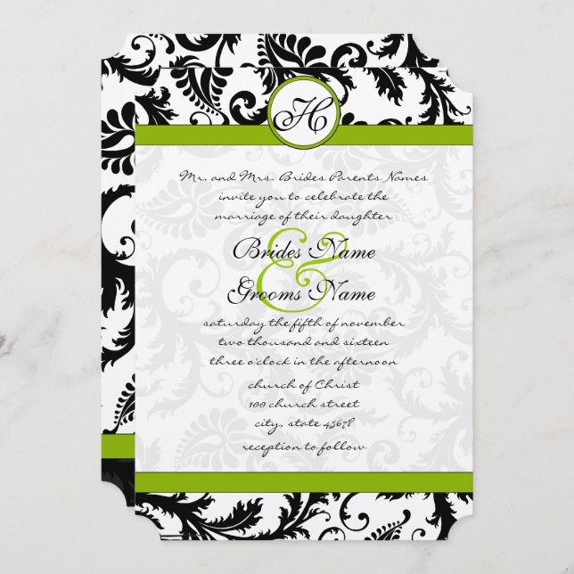 Apple Green Damask Swirls Convite Para Casamento (Frente/Verso)