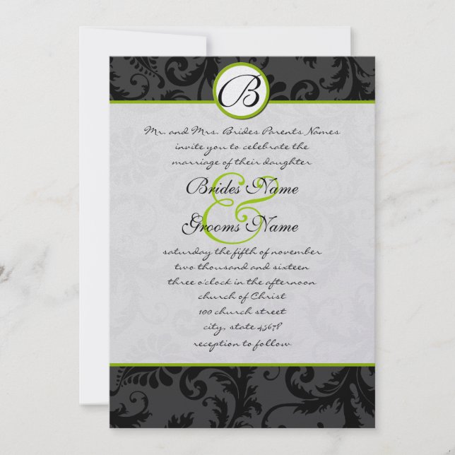 Apple Green Damask Swirls Convite Para Casamento (Frente)