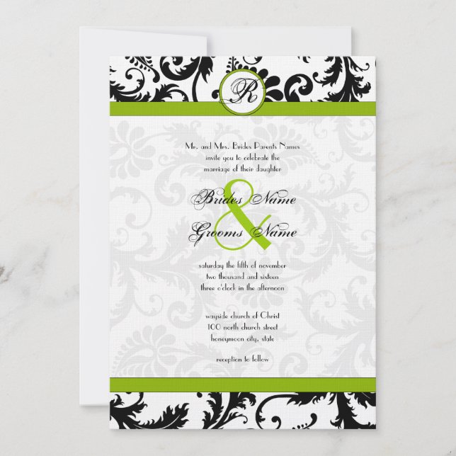 Apple Green Damask Swirls Convite Para Casamento (Frente)