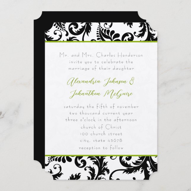 Apple Green Damask Swirls Convite Para Casamento (Frente/Verso)