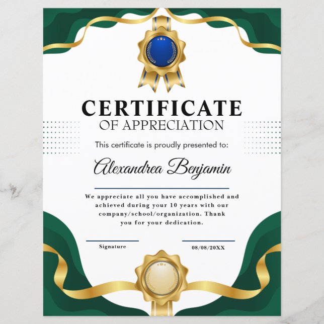 Apreciação do Certificado Azul Dourado (Frente)