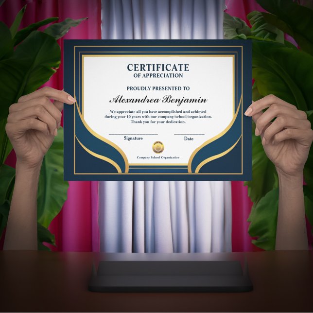 Apreciação do Certificado Azul Dourado (Achievement Appreciate Gold Blue Certificate to show your appreciation for all they have done. )
