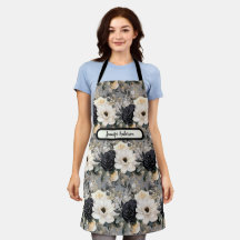 Apron Floral Branco e Preto de Tamanho Médio