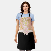 Apron Preto-Negro, Fita Rosa-Leopardo-Dourada Eleg