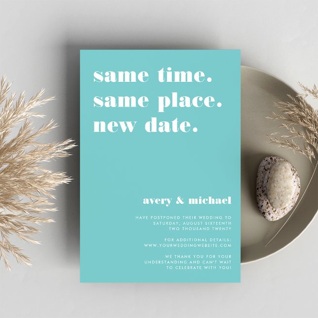 Aqua | Anúncio de adiamento de casamento moderno (Criador carregado)