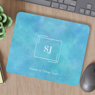 Aqua Blue Abstrato Watercolor Monograma Mousepad