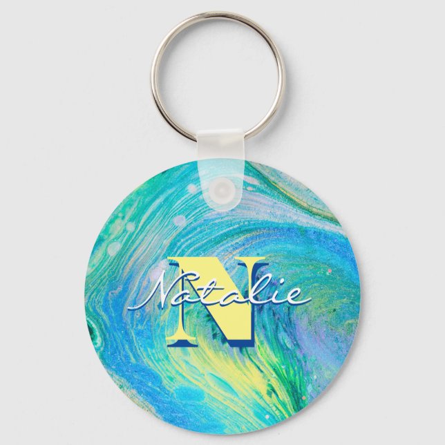 Aqua Blue Acrylic Flow Art Chaveiro (Frente)