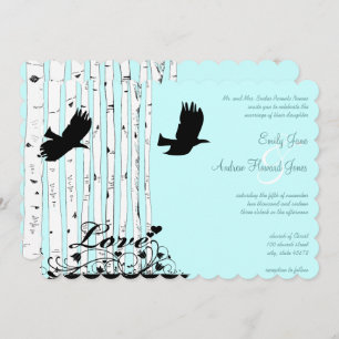 Aqua Blue Birch Tree Love Bird Convites