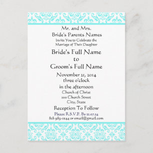 Aqua Blue Damask no Convite para Casamento Branco