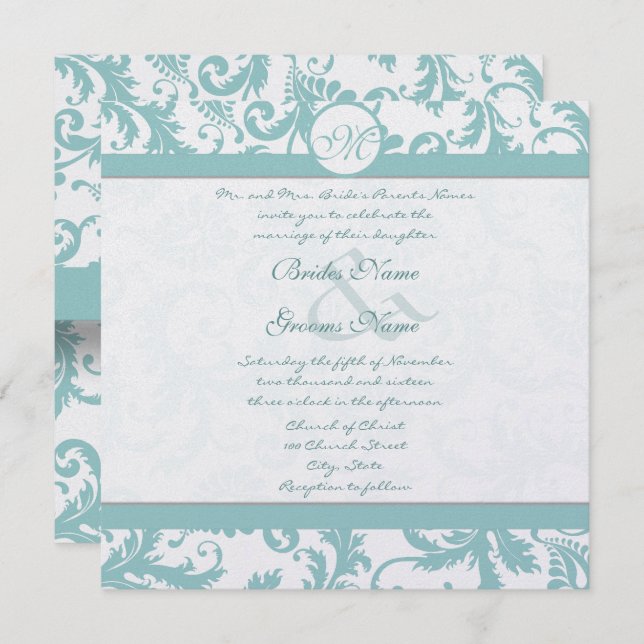 Aqua Blue Damask Swirls Convite Para Casamento (Frente/Verso)