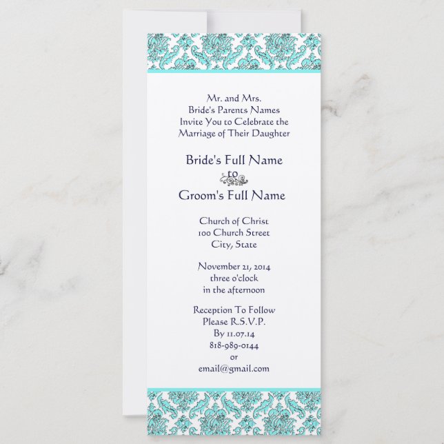 Aqua Blue Damask Swirls Convite Para Casamento (Frente)