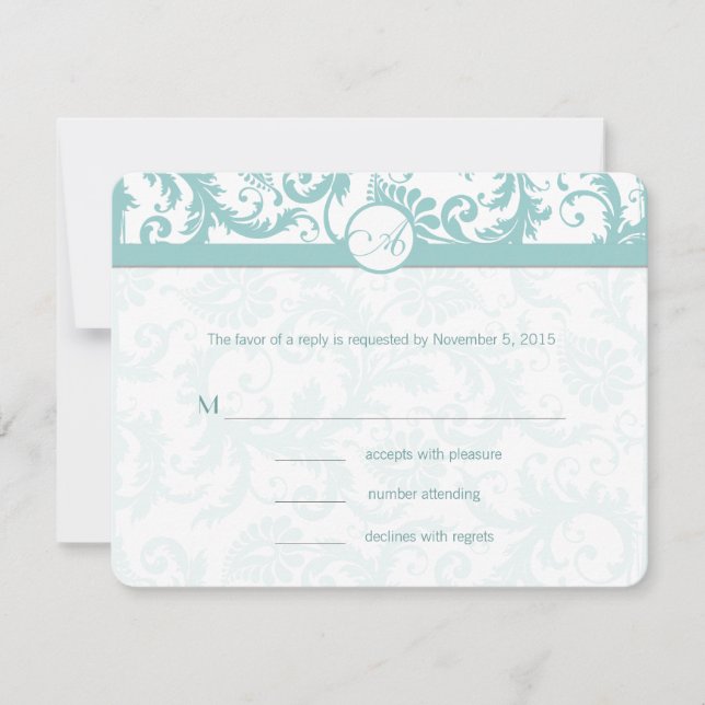 Aqua Blue Damask Swirls Convite Para Casamento (Frente)