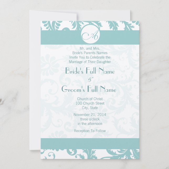 Aqua Blue Damask Swirls Convite Para Casamento (Frente)