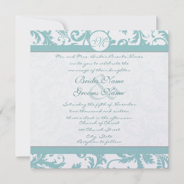 Aqua Blue Damask Swirls Convite Para Casamento (Frente)