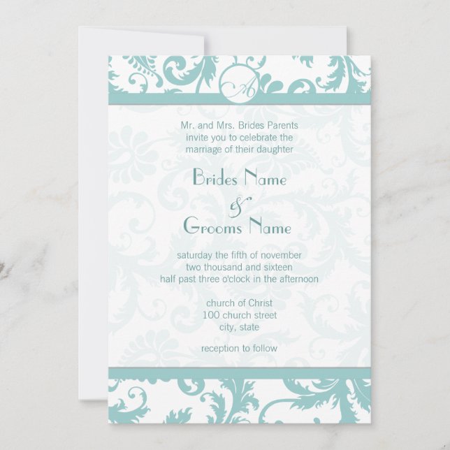 Aqua Blue Damask Swirls Convite Para Casamento (Frente)