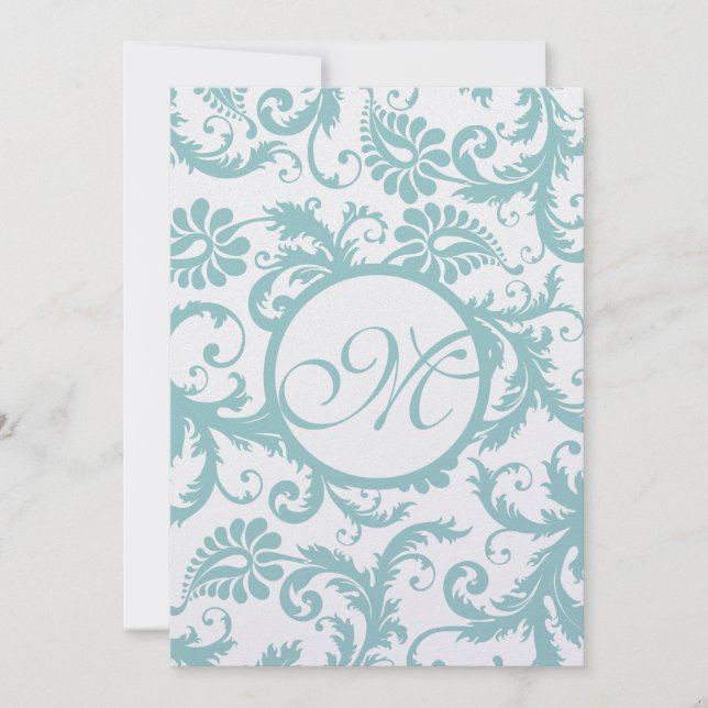 Aqua Blue Damask Swirls Convite Para Casamento (Frente)