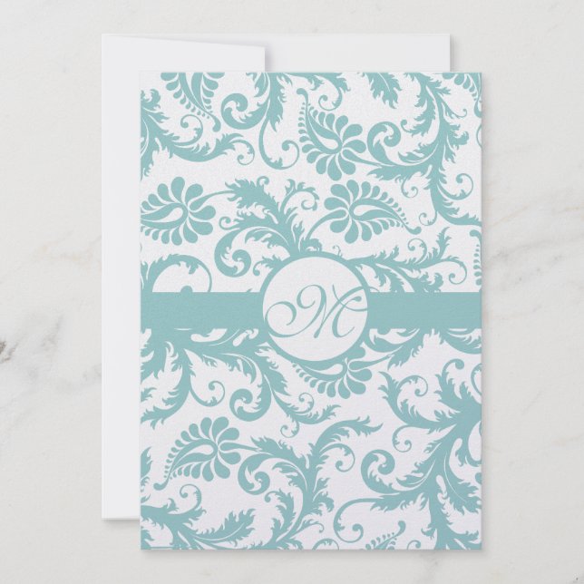 Aqua Blue Damask Swirls Convite Para Casamento (Frente)