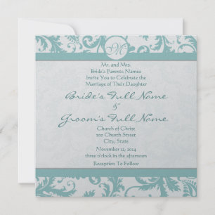 Aqua Blue Damask Swirls Convite Para Casamento