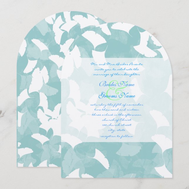 Aqua Blue Ginkgo deixa convite para casamento (Frente/Verso)