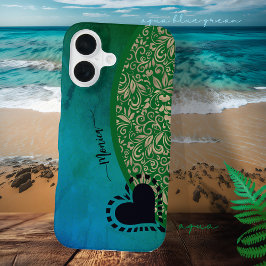 Aqua Blue Green Modern Floral Heart