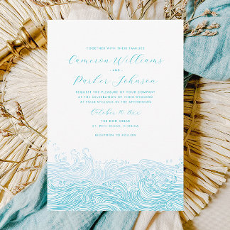 Aqua Blue Ocean Waves Beach Wedation Convite