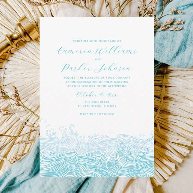 Aqua Blue Ocean Waves Beach Wedation Convite (Ocean Waves Beach Wedding Invitation for a Modern Aqua Blue Coastal Wedding by Concertina Press)