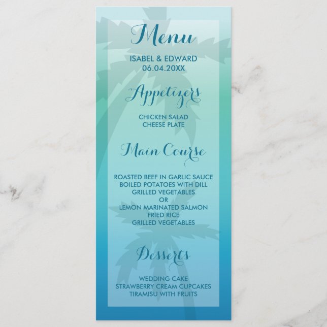 Aqua Blue Palm Tree Menu Tropical Weding (Frente)