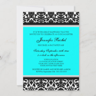 Aqua Damask Bat Mitzvah Convites
