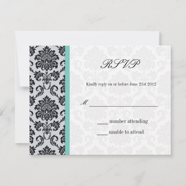 Aqua Damask Monograma Wedding RSVP (Frente)