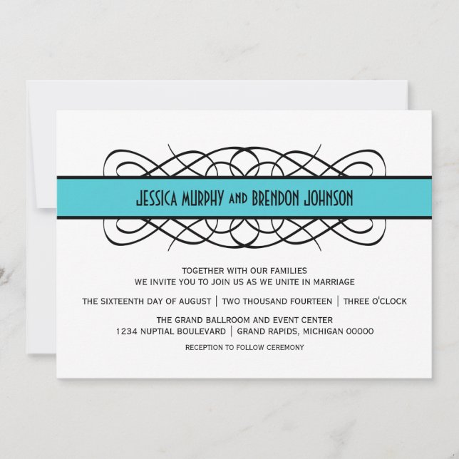 Aqua Deco Flourish Convite de casamento (Frente)