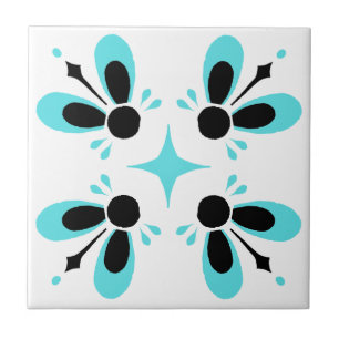 Aqua e Preto no Padrão Floral de Intrato Branco