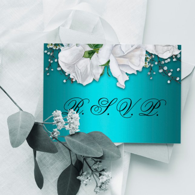 Aqua Elegant White Floral Wedding RSVP (Criador carregado)