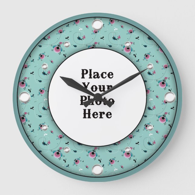 Aqua Floral Frame Seu Relógio De Parede Fotográfic (Frente)