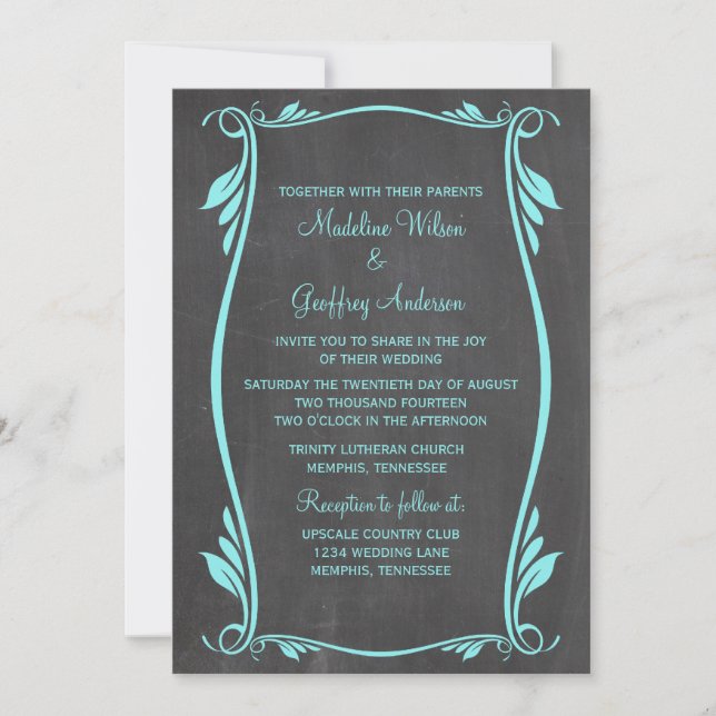 Aqua Flourish Chalkboard Convite de casamento (Frente)