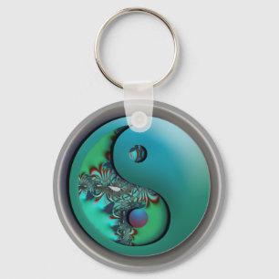 Aqua Fractal Silver Yin Yang Chaveiro