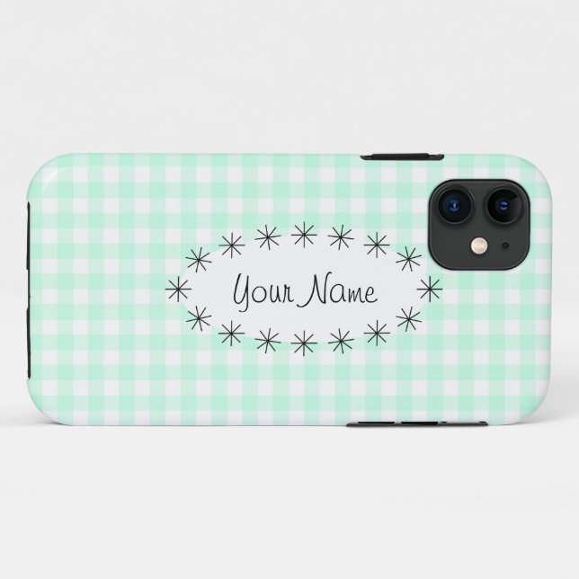 Aqua Gingham Check oval star 'Name' capas de iphon (Verso (horizontal))