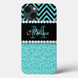 AQUA GLITTER BLACK CHEVRON MONOGRAM