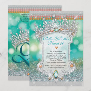 Aqua Glitter Tiara Sweet 16 Convite
