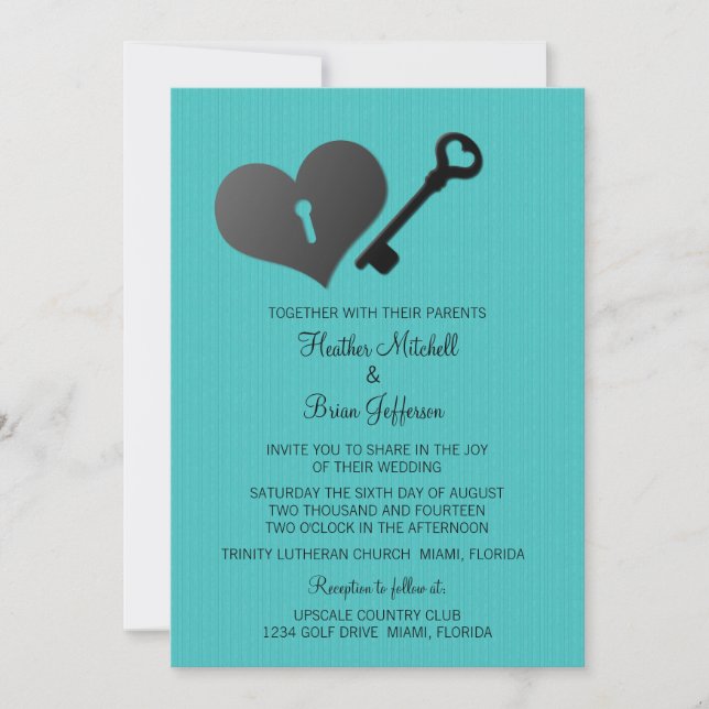 Aqua Heart Lock and Key Convite de casamento (Frente)