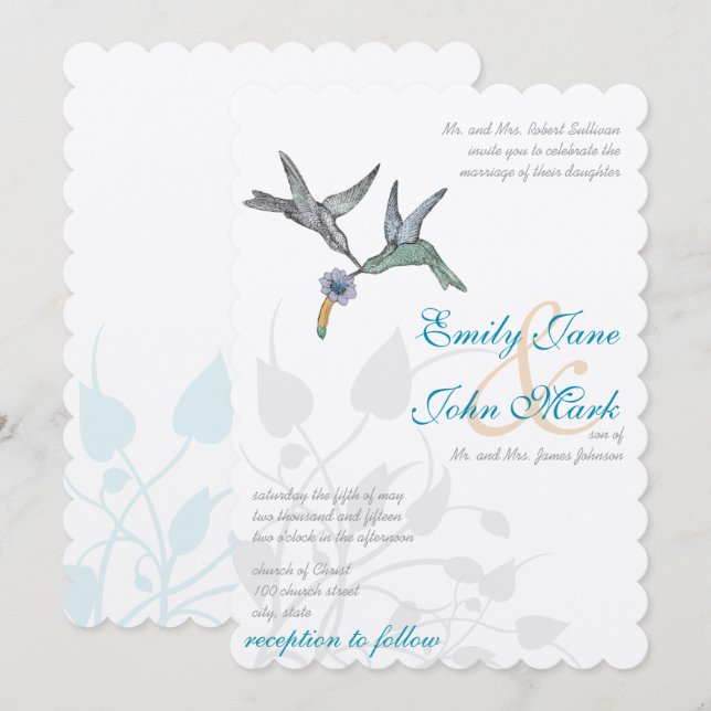 Aqua Lilac Coral Hummingbird Convite Para Casament (Frente/Verso)