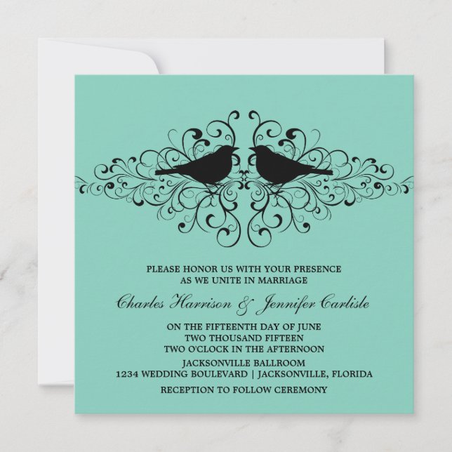 Aqua Love Bird Swirls Convite De Casamento (Frente)
